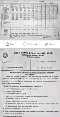 OSPOLY approved fees and payment procedure for 2020/2021 session