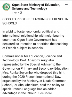 Ogun State Government to prioritise teaching of French in schools