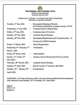 Fed Poly Offa approved academic calendar for first semester 2023/2024 academic session