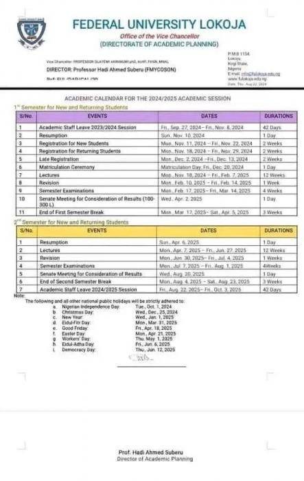 FULOKOJA releases academic calendar for 2024/2025 academic session ...