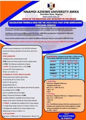 UNIZIK calculation formula for the admission screening exercise, 2024/2025