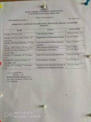 SLU approved academic calendar for 2020/2021 session