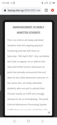 BASUG notice to newly admitted candidates, 2020/2021 on physical screening exercise