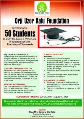 Orji Uzor Kalu Foundation scholarship to Study Medicine in Venezuela