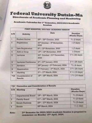 FUDutsin-ma academic calendar for first semester, 2023/2024