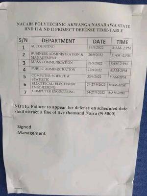 NACABS Polytechnic Akwanga ND II &HND II project defence timetable