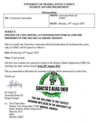 UNN notice on hostel accommodation for freshmen