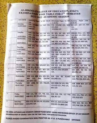 Al-Hikmah College of Education second semester examination timetable, 2021/2022