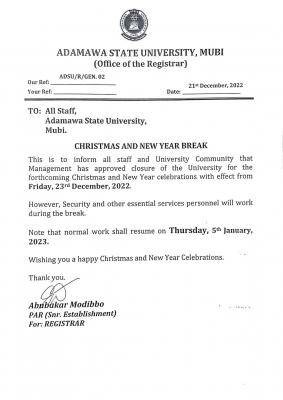 ADSU notice on Christmas and New year Break