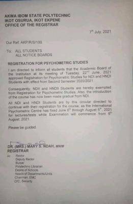 Akwa Poly notice to students on psychometric studies registration