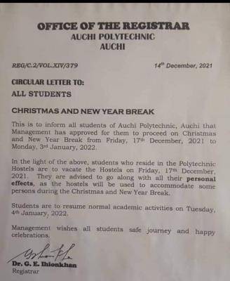 Auchi Poly announces Christmas and New Year break