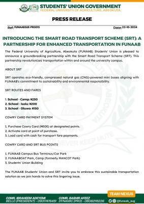 FUNAAB SUG notice on introduction of Smart Road Transport Scheme (SRT) on campus