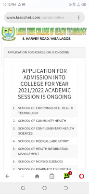 Lagos State College of Health Technology admission form for 2021/2022 session