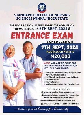 Standard College of Nursing Sciences, Minna entrance exam date, 2024/2025