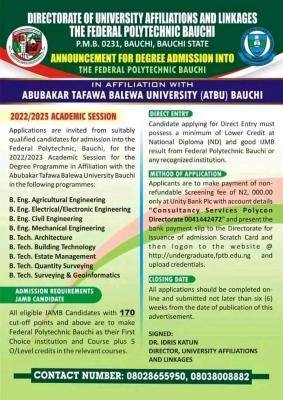 Federal Poly bauchi Affiliated to ATBU degree admission, 2022/2023