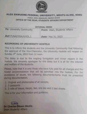 AE FUNAI notice on reopening of University hostel