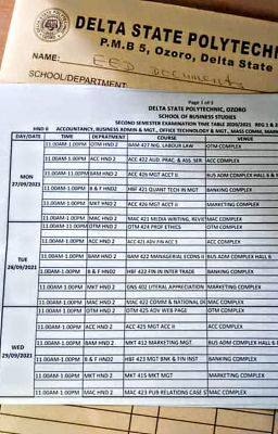 Delta Polytechnic, Ozoro 2nd semester examination timetable 2020/2021