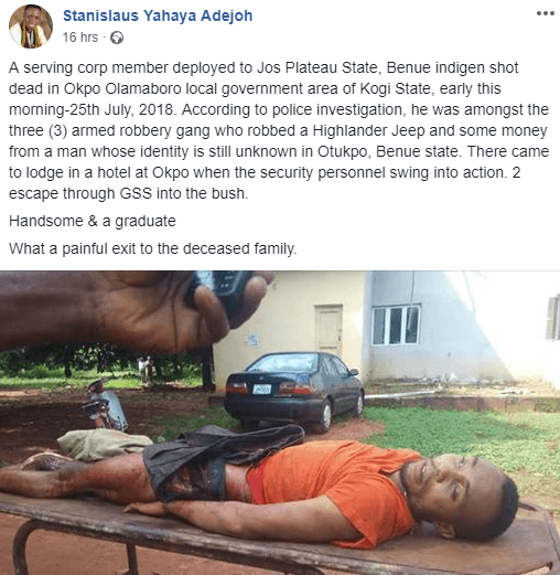 NYSC Member Shot Dead By Police Over Alleged Robbery Incident