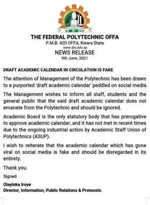 Fed Poly Offa issues notice on fake academic calendar