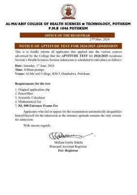 Al-Ma'arif College of Nursing aptitude test for Health Science applicants, 2024/2025