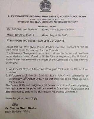 FUNAI notice to 200L - 500L students