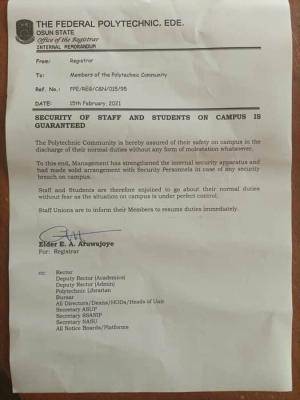 Ede Poly assures staff and students of security on campus