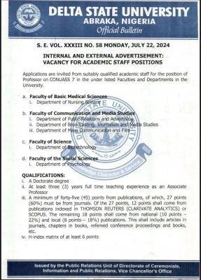 DELSU announces internal & external vacancy for academic staff positions