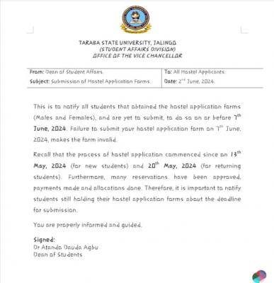 TSU notice to all hostel applicants on submission of application forms