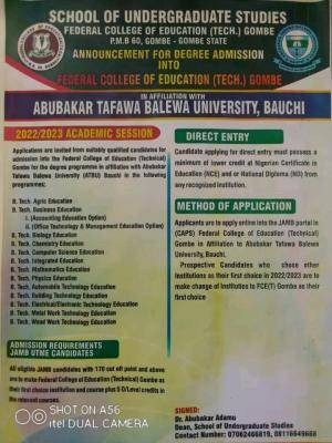 FCE (Tech) Gombe Affiliated to ATBU degree admission, 2022/2023