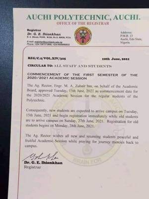 Auchi Poly announces 2020/2021 first semester resumption