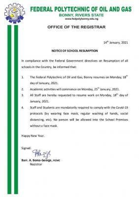 Federal Polytechnic Oil and Gas, Bonny resumption notice