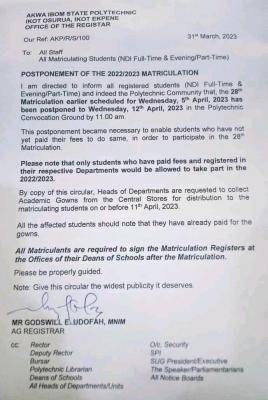 Akwa Ibom Poly postpones Matriculation Ceremony, 2022/2023