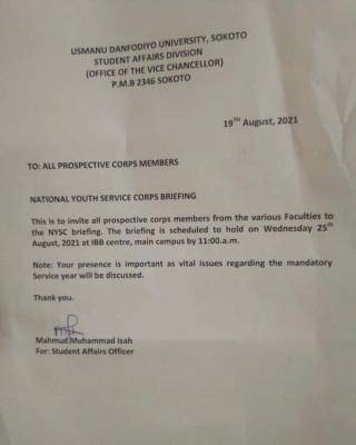 UDUSOK notice to prospective corps members