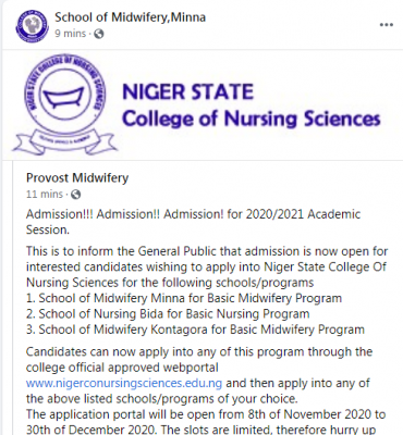 Niger State College of Nursing admission for 2020/2021 session