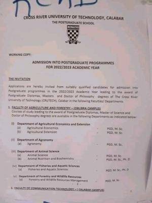 CRUTECH Postgraduate Admission, 2022/2023