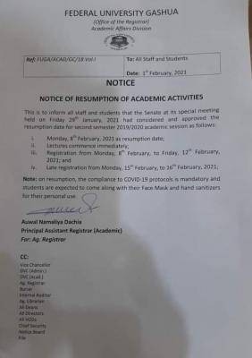 Federal University, Gashua notice on resumption