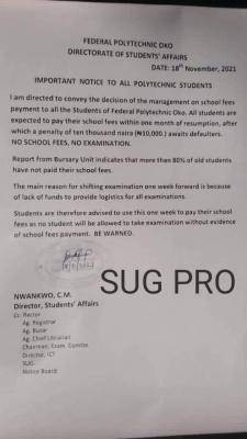 Oko Poly notice to students on payment of school fees