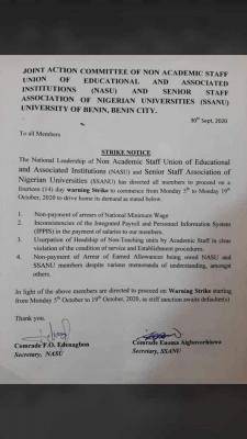 UNIBEN Staff unions to commence warning strike