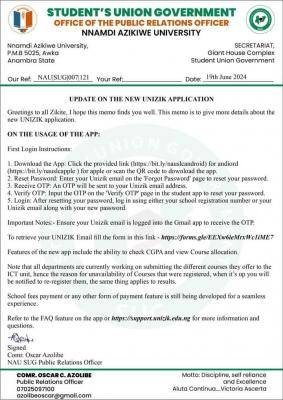 UNIZIK SUG notice on usage of the school's new App