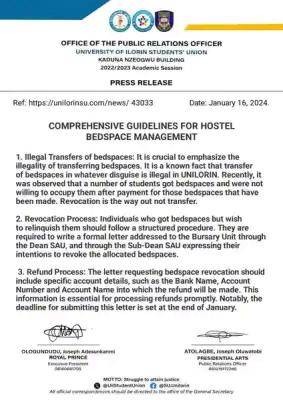 UNILORIN SUG notice to students on comprehensive guidelines for hostel bedspace management