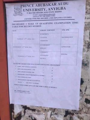 PAAU Pre-degree make up qualifying examination timetable, 2022/2023