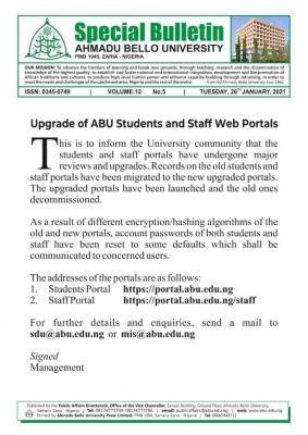 ABU notice on upgrade of web portals