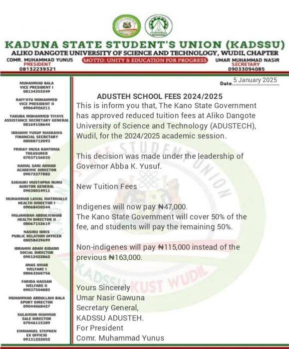 ADUSTECH new schedule of fees for 2024/2025 session