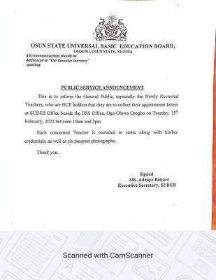 Osun Ministry of Education notice to newly recruited teachers with NCE qualification