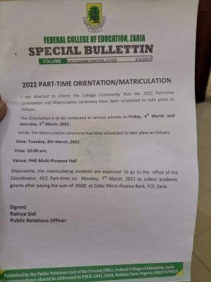 FCE Zaria Part-Time 2022 orientation/matriculation ceremony