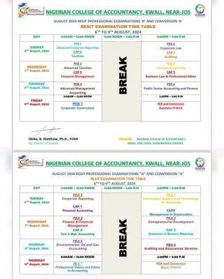 Nigerian College of Accountancy releases 2024 August resit examination timetable