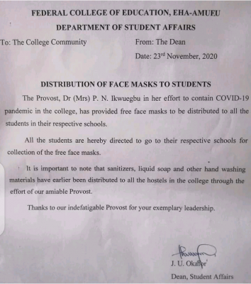 FCE Eha-amufu notice on distribution of face masks