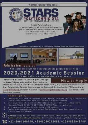 Stars Polytechnic, Ota admission form for 2020/2021 session