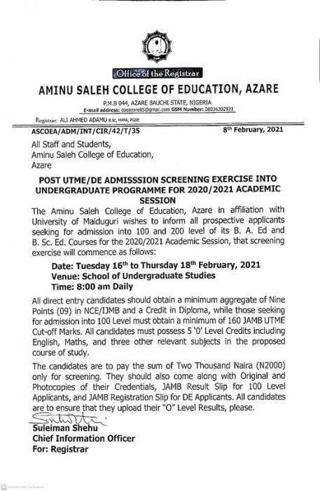 Aminu Saleh COE Post-UTME 2020 (Degree): Cut-off mark, eligibility and Registration details