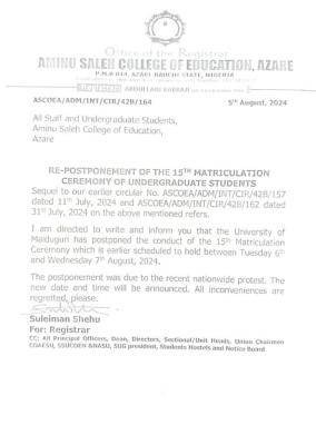 Aminu Saleh COE reschedules 15th Matriculation Ceremony